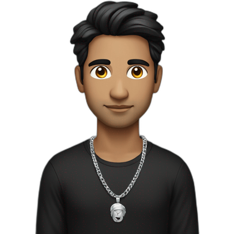 A strong Indian Hindu man wearing men silver chain,styled on a Full sleeve black tshirt,black hair white skin emoji