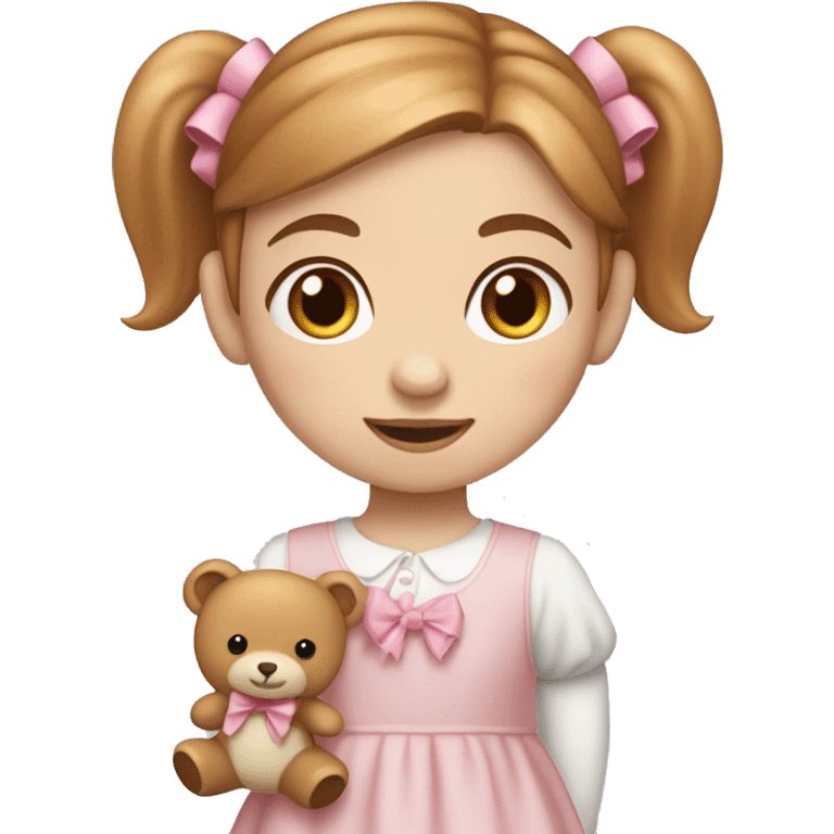 Little Girl with White skin, blue eyes. Light brown and red hair in two ponytails, with light pink bows.  She is wearing a light pink and White dress, standing and holding a teddybear with a pink bow. emoji