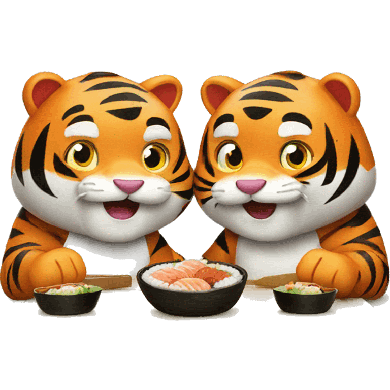 two happy tigers eating sushi emoji