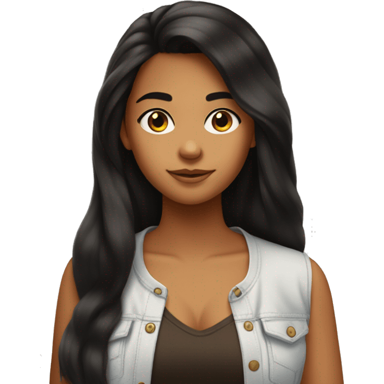 A teenage girl with tanned skin, long black hair down to her chest, which is fluffy hair, writing emoji