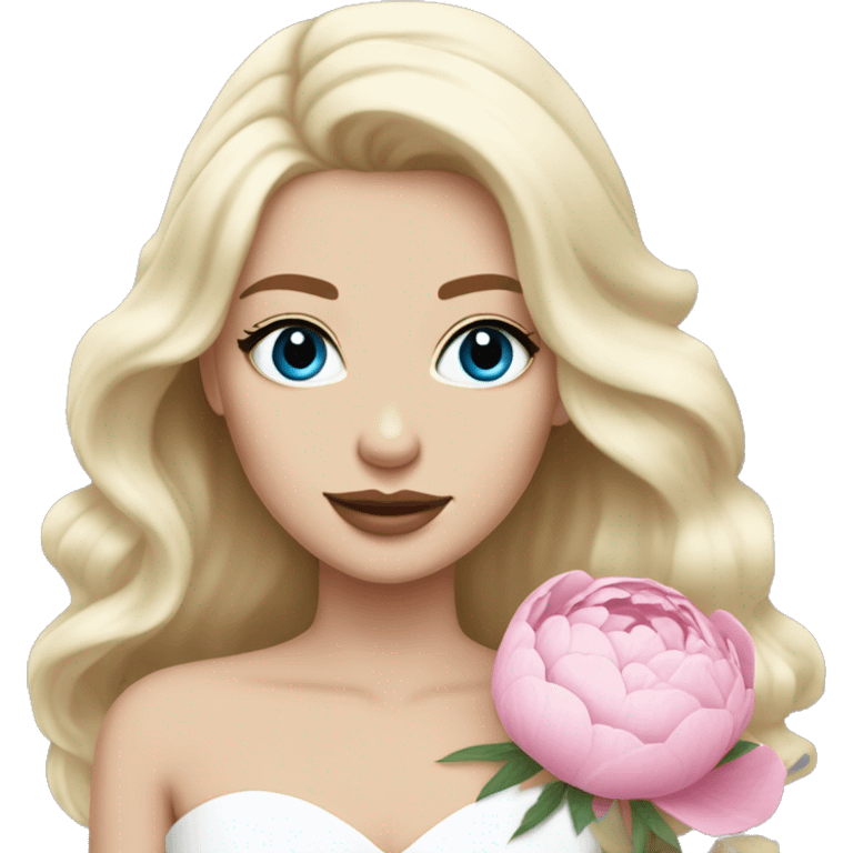 White bride with long light blonde hair and blue eyes with light pink peonies in hair white skin light pink lips emoji