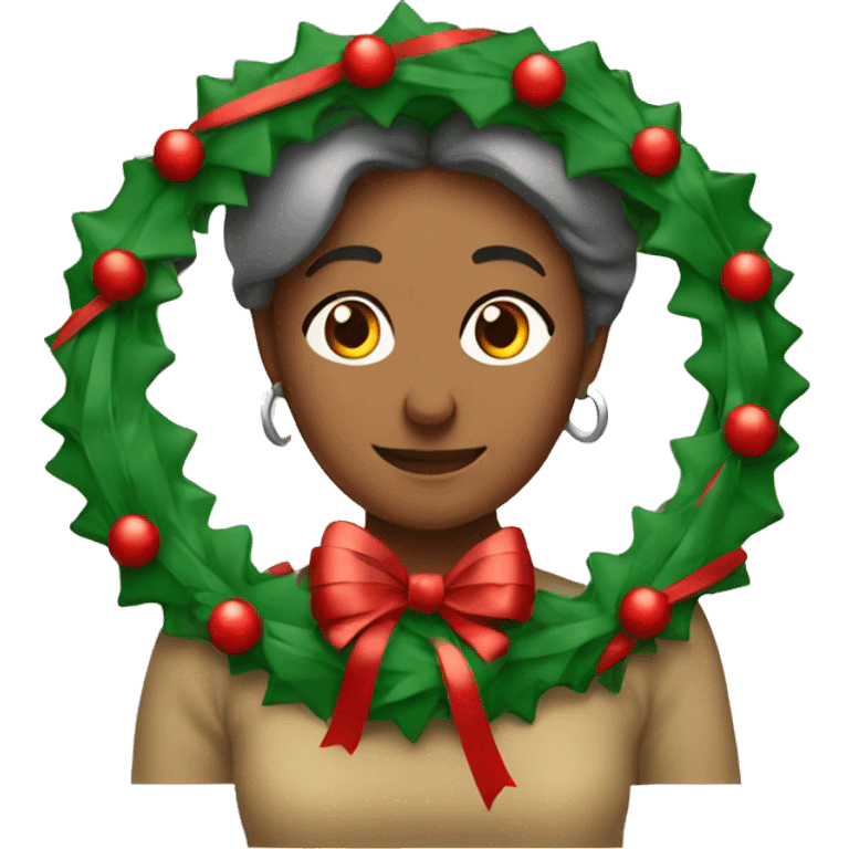 Middle aged woman hlearning how to tie a Christmas bow on a wreath emoji