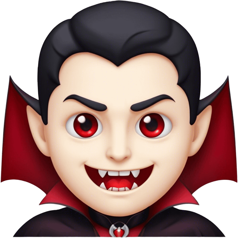 Cinematic Cute Vampire Portrait Emoji, with a refined yet playful small, rounded pale face accented by tiny, cute fangs and bright, twinkling eyes, sporting miniature elegant dark attire with a hint of crimson, simplified yet irresistibly charming, highly detailed with a soft glowing outline that captures the delightful duality of spooky sweetness and stylish allure! emoji