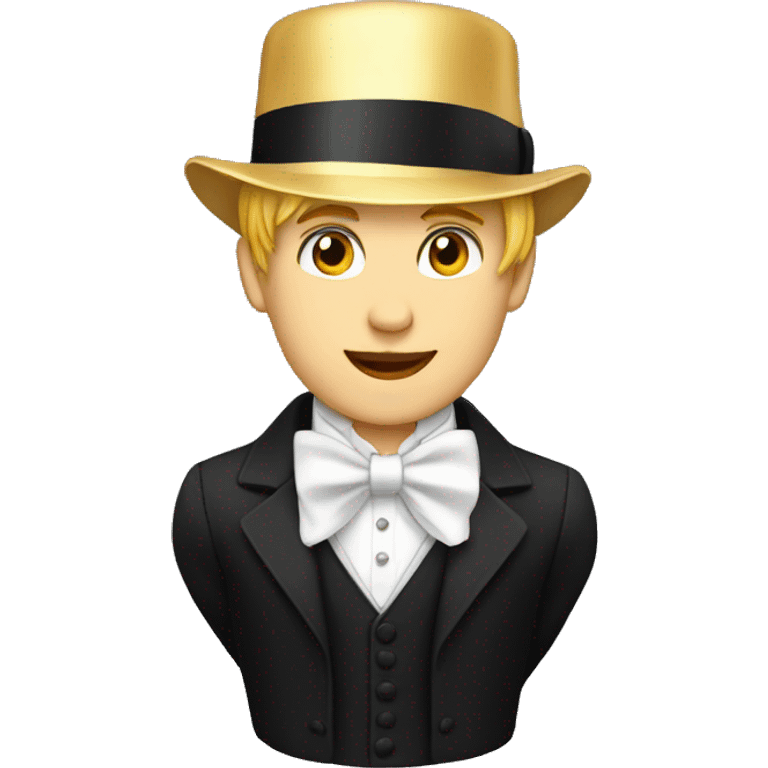 Full head young man, golden hair, white bow, white bow tie, black jacket, white waistcoat and top hat, emoji