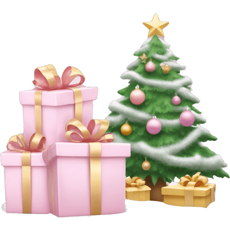 Light pink Christmas gifts under a white Christmas tree  emoji