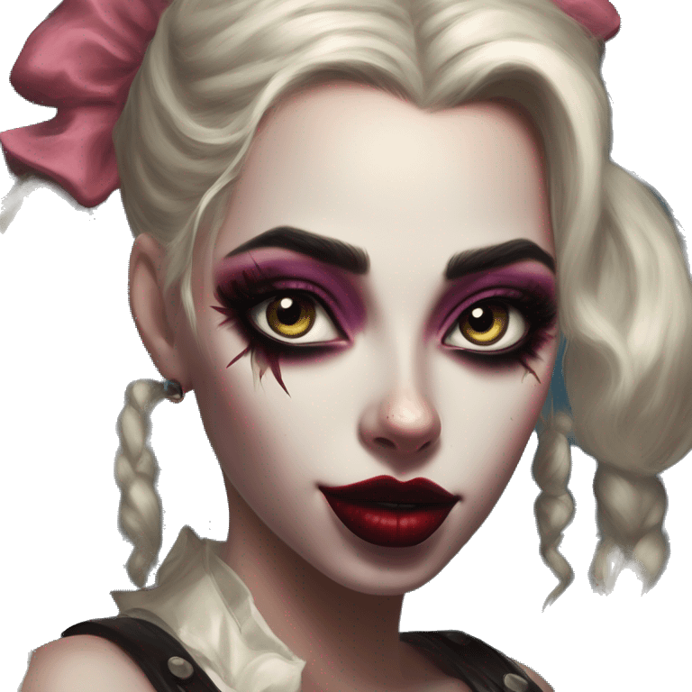 Vuxen Jasmine in Harley Quinn style, oil paint, mysterious eyes, intricate lips, masterpiece portrait, odd perspective, beautiful, desirable, logical emoji