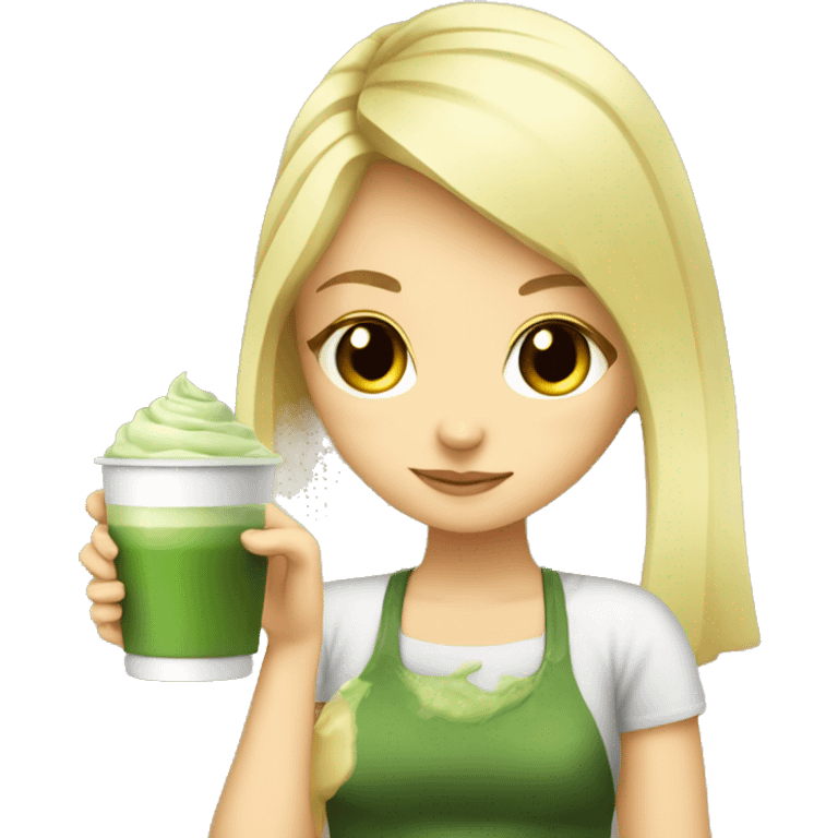 Blonde cute girl drinking matcha emoji