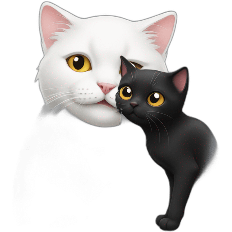 A white cat is licking a black cat emoji