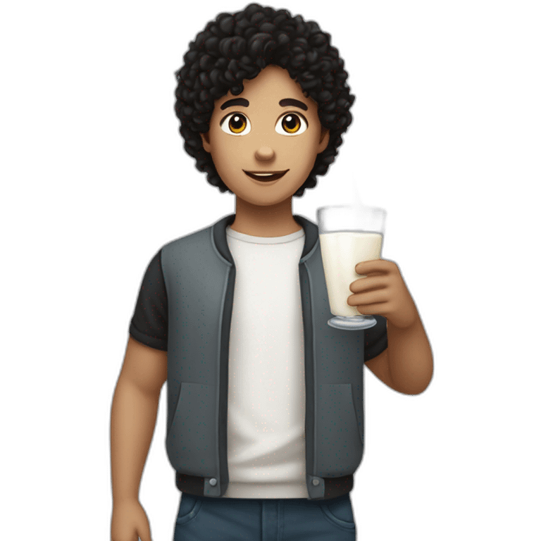 A pasty white teenage boy with dark black curly hair holding a wineglass of milk emoji