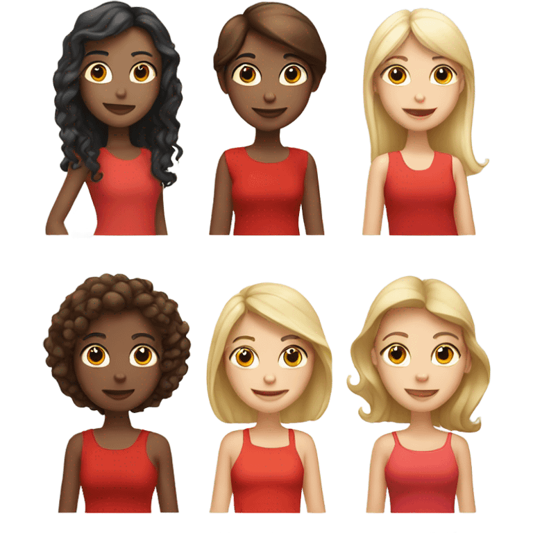 3 girls, side by side, wearing red, 2 brunette and 1 blonde emoji