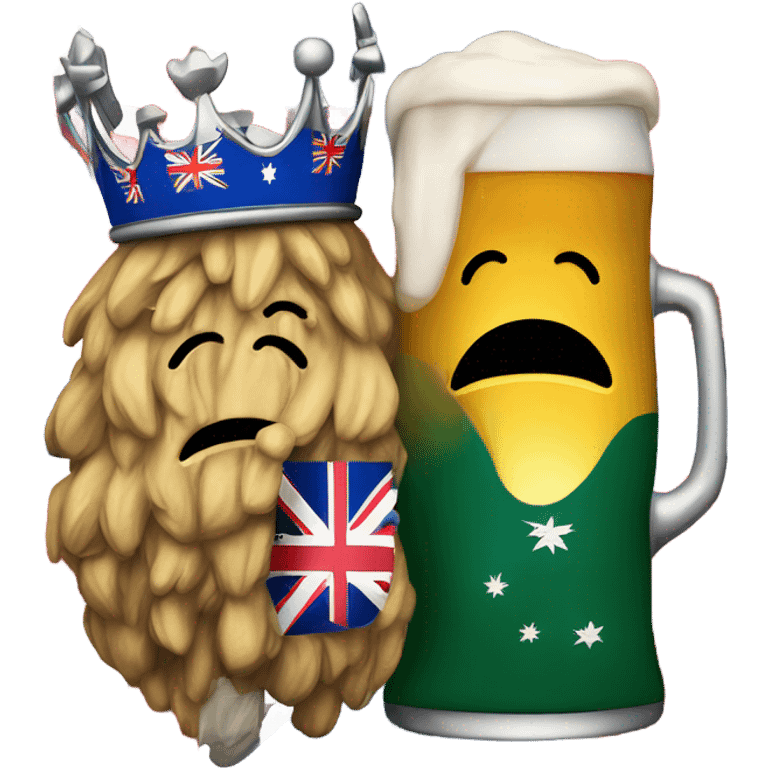 An australian flag hugging a British flag- The British flag is holding a beer and wearing a crown and the Australian flag looks sad and dishevelled  emoji