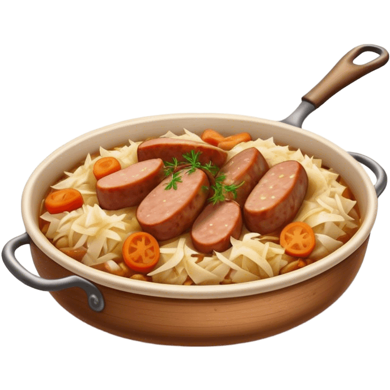 Cinematic Realistic Bigos Dish Emoji, showcasing a hearty stew of sauerkraut and meats rendered with rich textures and dynamic, rustic lighting. emoji