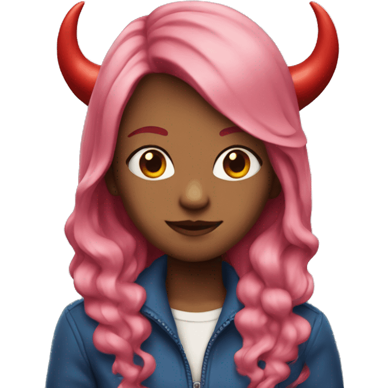 Girl with long pink hair and red devil horns and blue jacket emoji