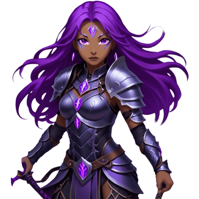 A mysterious warrior girl with long, flowing purple hair catching the dim light. Her glowing violet eyes stare forward, unwavering. She wears sleek black armor, adorned with silver runes that pulse faintly with hidden power. A dark mist swirls at her feet, hinting at the energy she commands. emoji