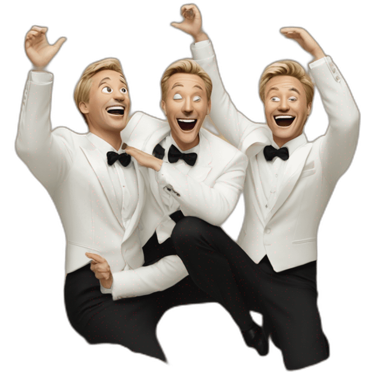 3 white men in tuxedo laughing hysterically with their heads back with their palms raised behind a miniature earth on the ground emoji