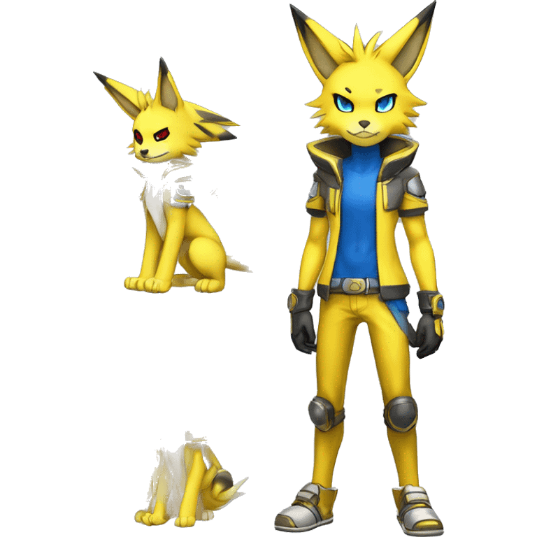 Yellow Shiny Colorful Anthro Edgy Cool Sonic-Zeraora-Renamon-Jolteon-Pokémon-Fakémon with shiny blue markings Full Body Detailed High Quality  emoji