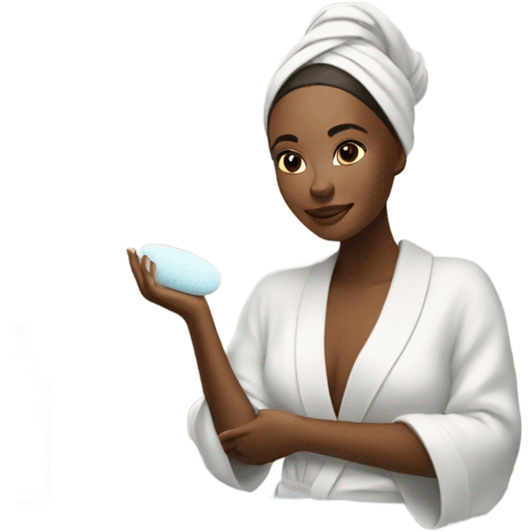 Woman doing her skincare in her modern robe in a bathroom hotel emoji