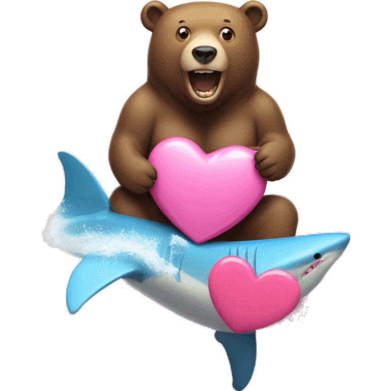 A bear holding a pink heart surfing on a shark in the ocean emoji