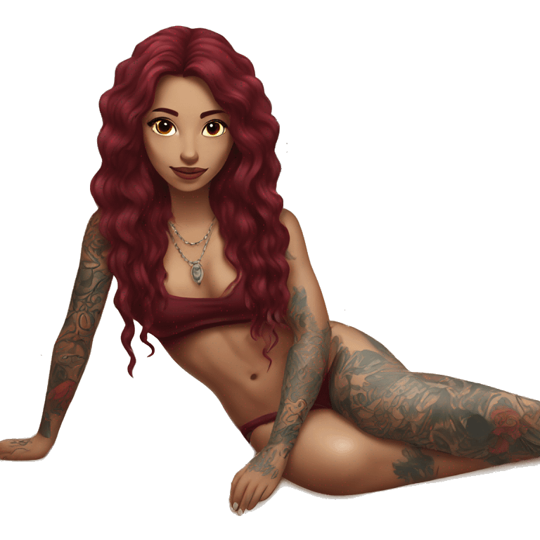 Beautiful tattooed burgundy long haired woman laying on the beach emoji