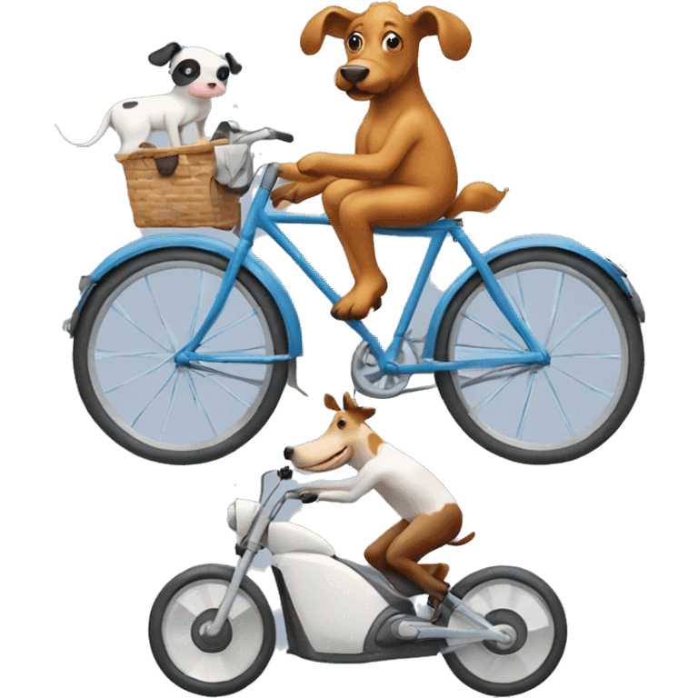 Squid riding a bike with a dog, cow and,horse emoji