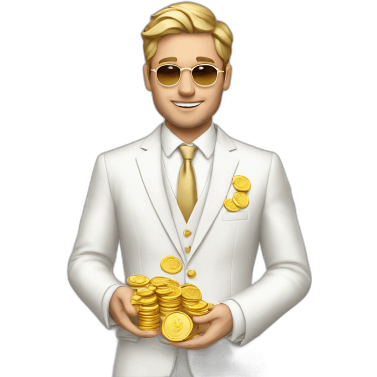 Posh-man-with-white-suit-holding-golden-coins emoji