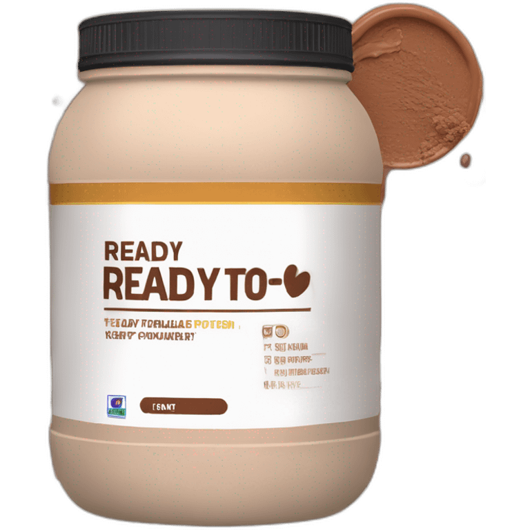 Whey protein powder with chocolate label that reads "ready to eat" emoji