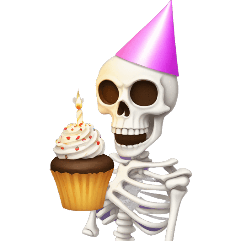 Skeleton wearing birthday hat while holding a cupcake with a lit candle emoji