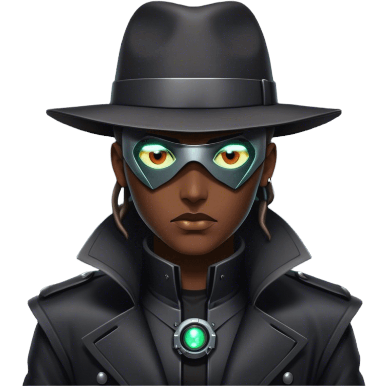 A dystopian bounty hunter, black trench coat, cybernetic eye glowing emoji