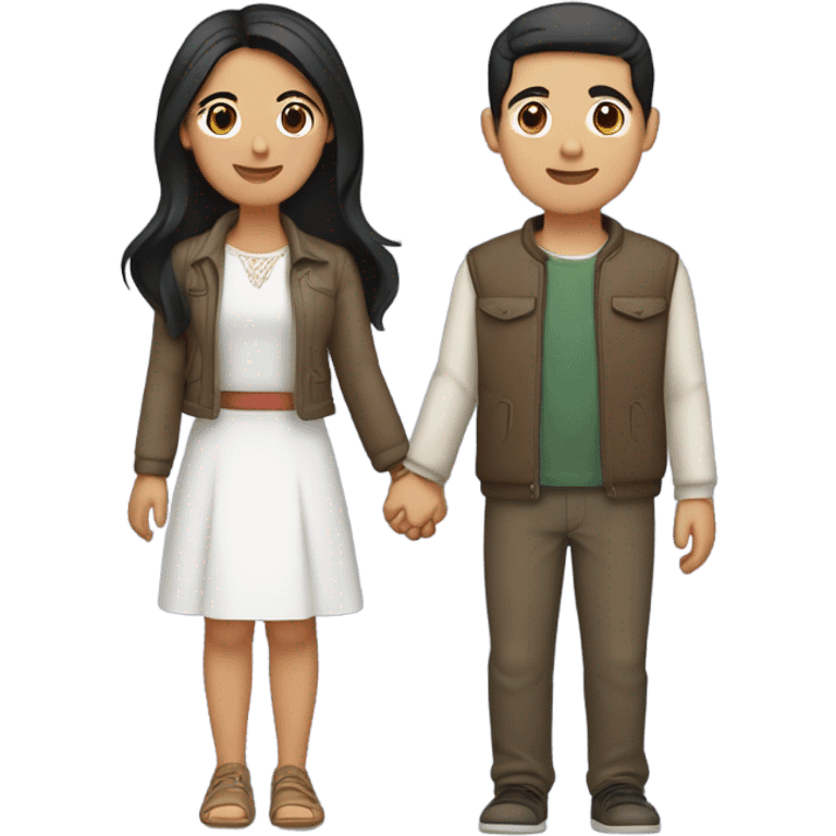 a couple holding hands. the guy has black middle part hair and is Persian and Filipino mix. the girl has brown medium length hair white and asian mix. the girl is where a crop top and the guy is wearing a jacket. emoji