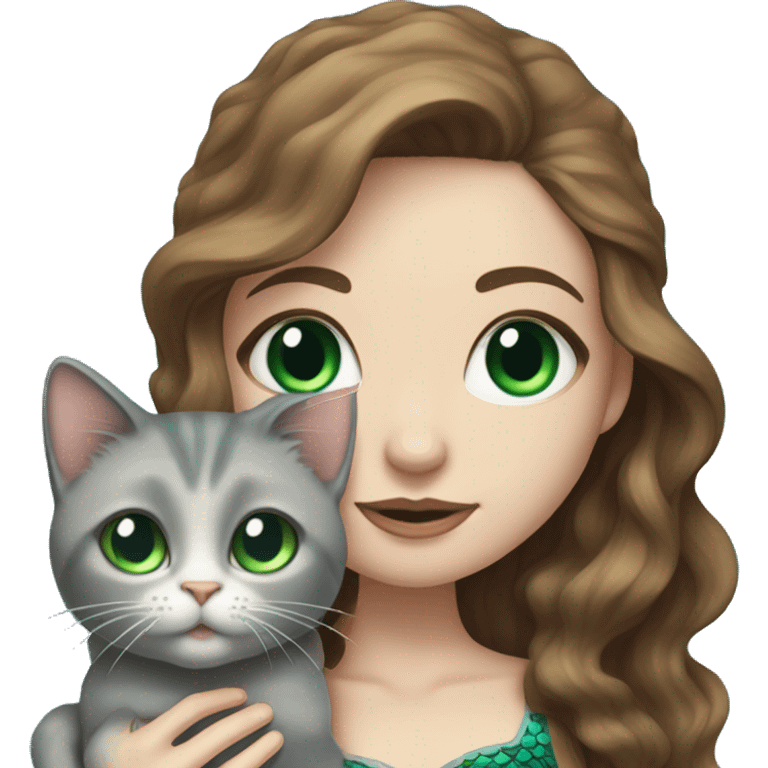 Mermaid with pale skin, wavy brown hair, and bright blue eyes holding a small gray cat with big green eyes, detailed  emoji