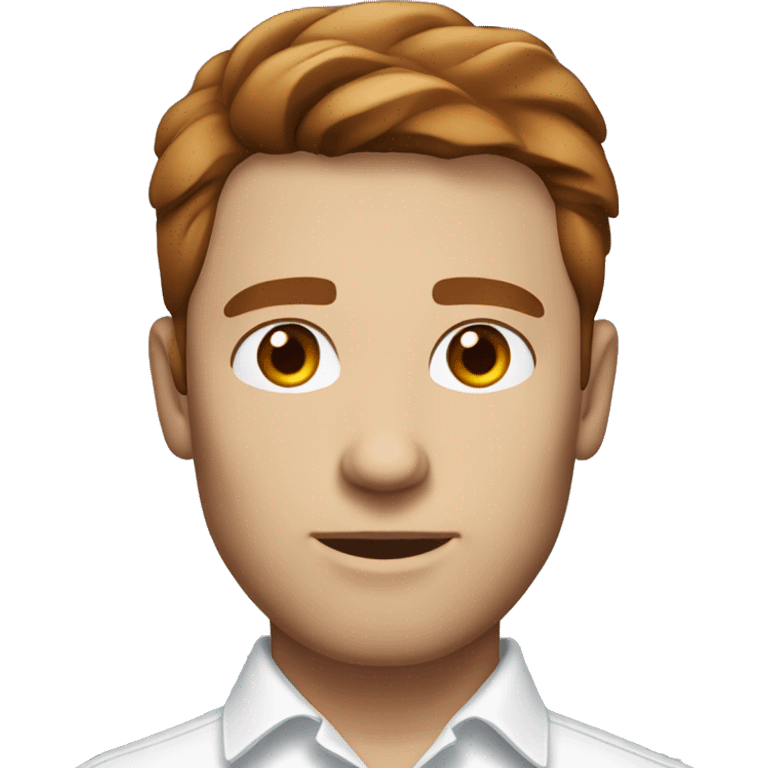 Portrait of an adult guy with brown-dark-red hair, serious, light skin, brown stubble, blue eyes, wearing a white office shirt. emoji