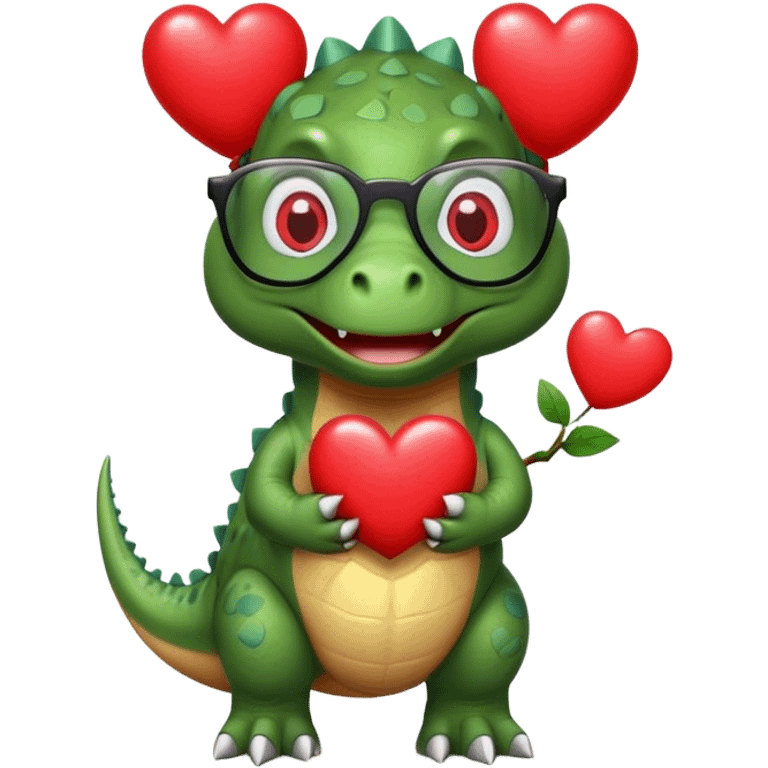 dinosaur in glasses holding hearts emoji