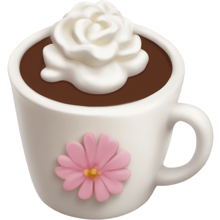 Hot chocolate with pale pink flower and whipped cream emoji