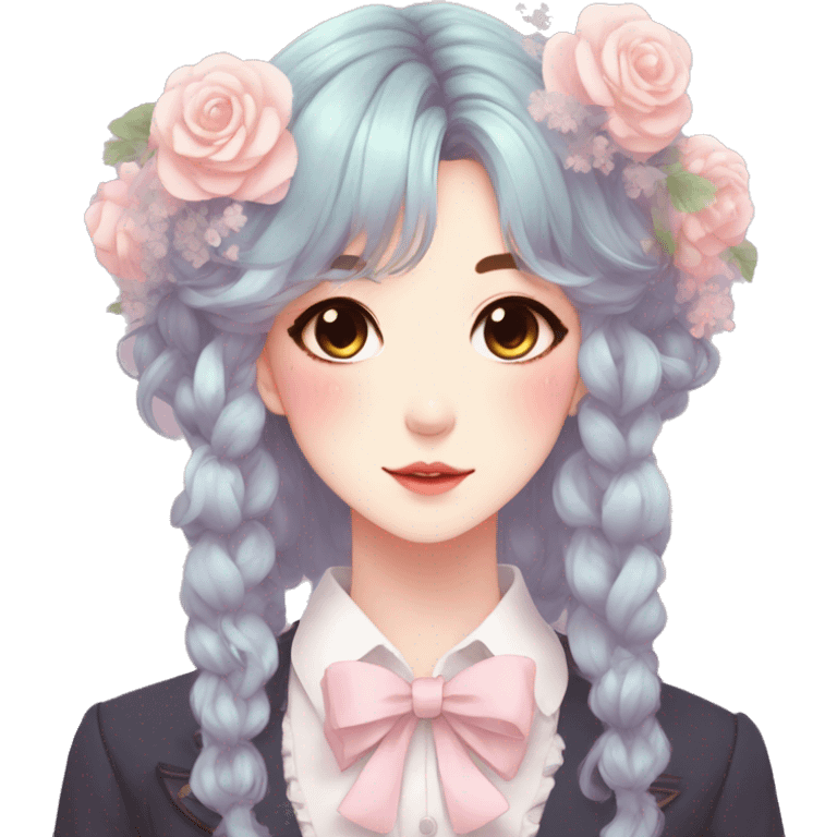 Gorgeous pastel anime style lady with blushing face and flowers and laces and bow ties and pretty hair aesthetic trending style emoji