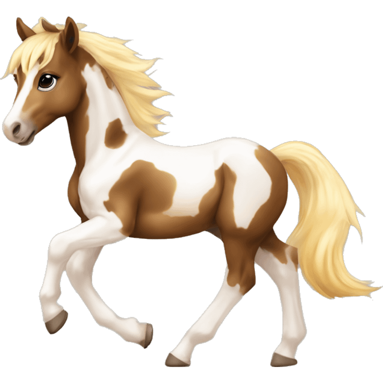 Piebald tricolor palomino yellow brown horse foal with dark brown splotches baby running emoji