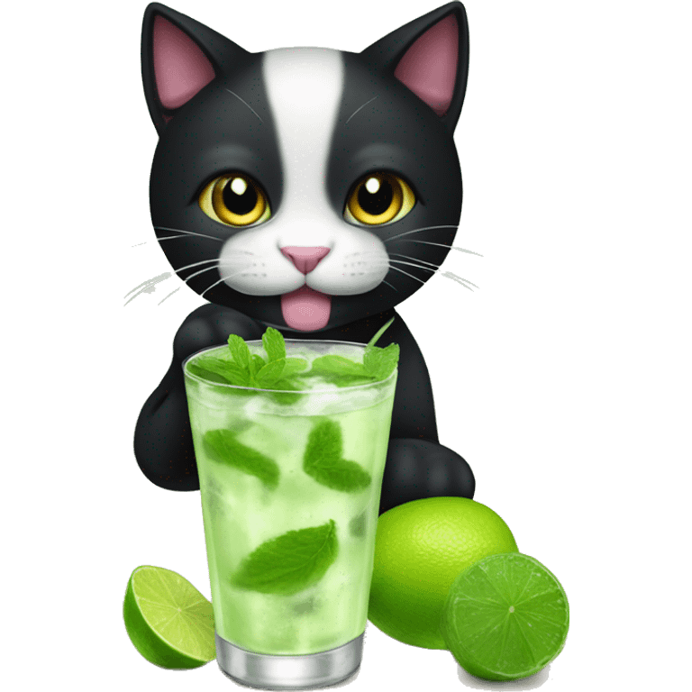 A cute black cat, whith a white nose,  dinking a "mojito" whith a glass emoji