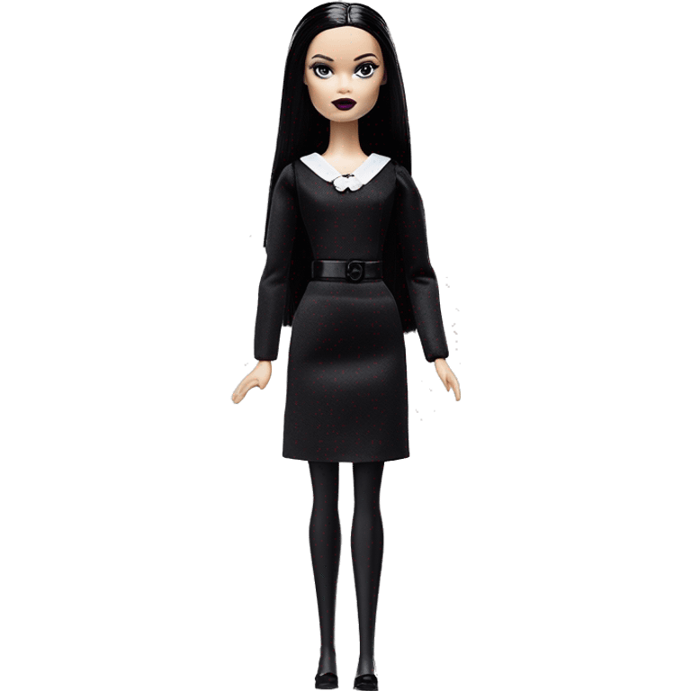 Wednesday Addams Barbie.  Small very light skin face. Black lipstick and eyeshadow. Earrings matching necklaces. Long silky raven hair. neckline that’s off-the-shoulders shows her legs and black high heel. arms up emoji