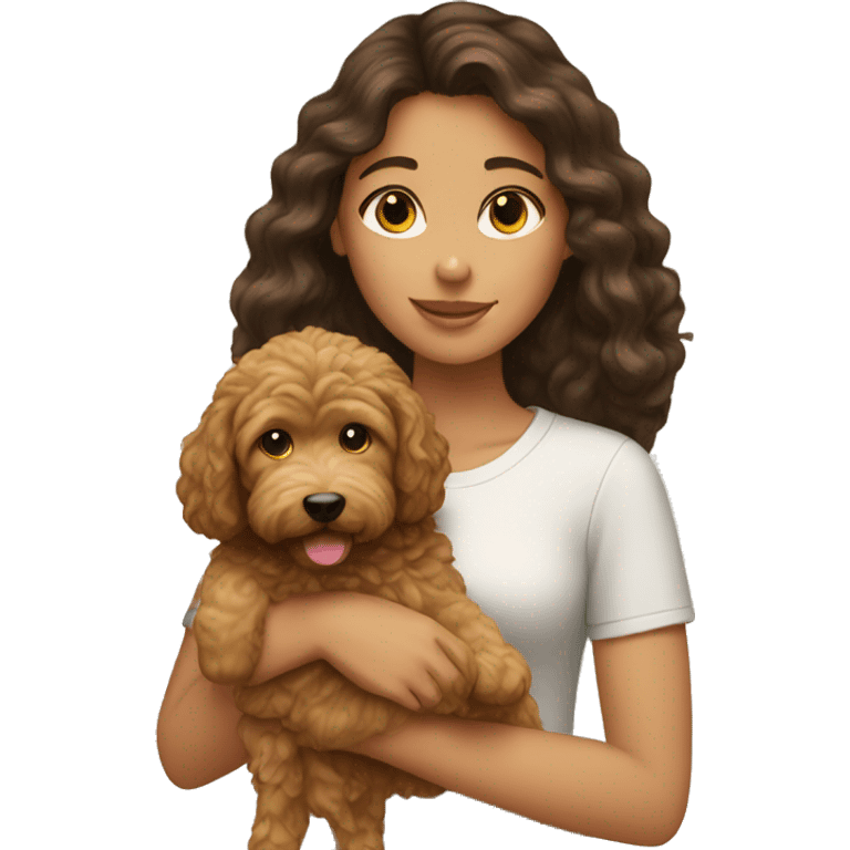 brunette girl holding golden doodle  emoji