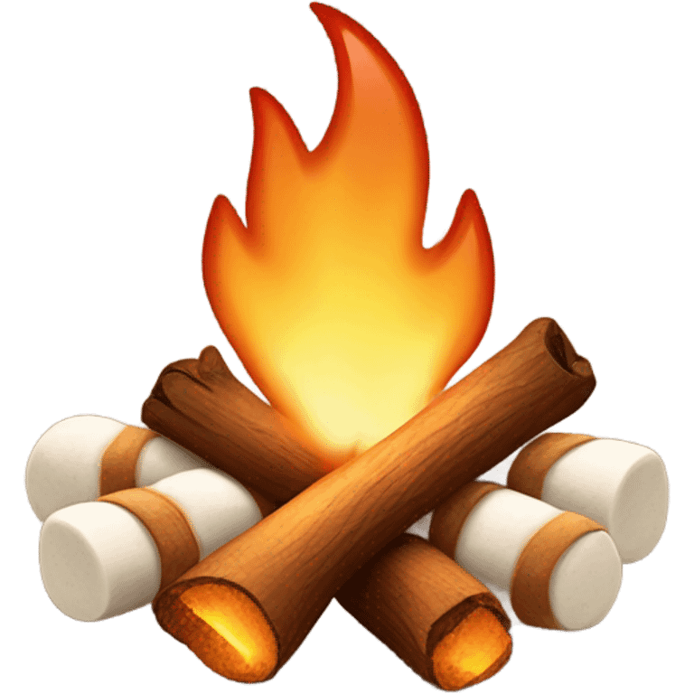 Illustrate a whimsical emoji of a cozy campfire with a happy face in the flames, surrounded by tiny roasting marshmallows on sticks emoji