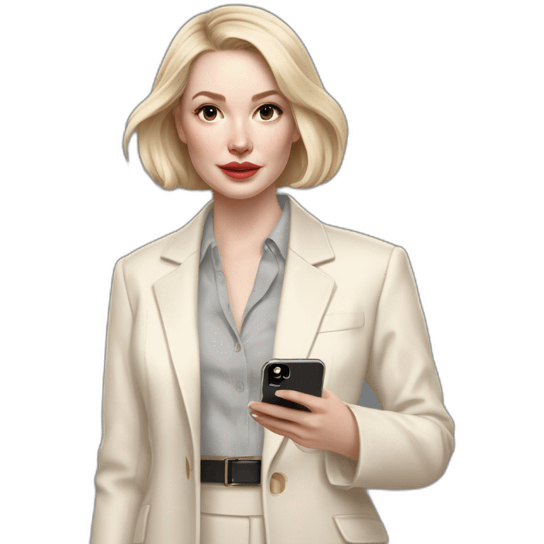 pale skin woman with ash blonde Straightened bob Hair, White Spacious classical jacket, beige palazzo Arrow pants and gray blouse holding white IPhone 15 pro in the hands emoji