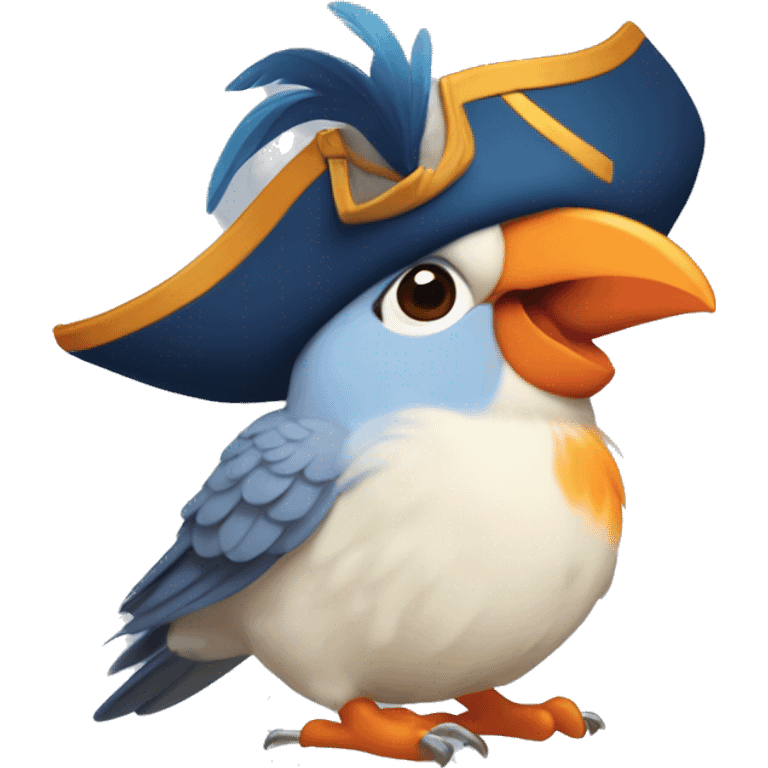 Blue Cockatiel, blushy cheeks, orange feathers on top, headshot, very happy, wearing a pirate hat emoji