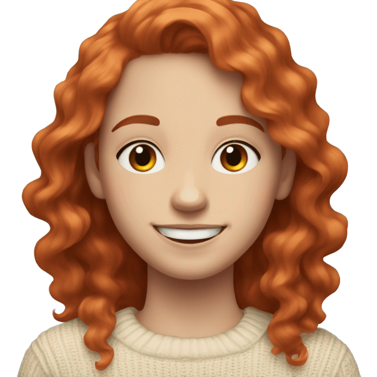 A teenager with white skin and mid length wavy red hair wearing a cream sweater who is smiling  emoji