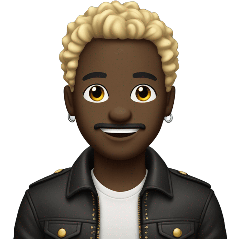 smiling darkskin boy hair in leather jacket with blonde curly hair and mustache and beard and multiple ear piercings  emoji