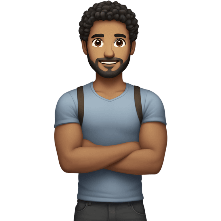 men holding his computer in hands. light brown skin men with curly black hair, dark brown eyes, little grown beard. little bit muscular. dressed casual. round face. emoji