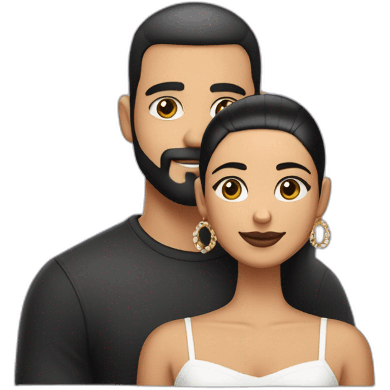 “White latino man with a buzz cut and skin black hair fade, thin beard, and well-defined mustache by a barber, embracing his Black wife with very straight hair and large earrings.” emoji