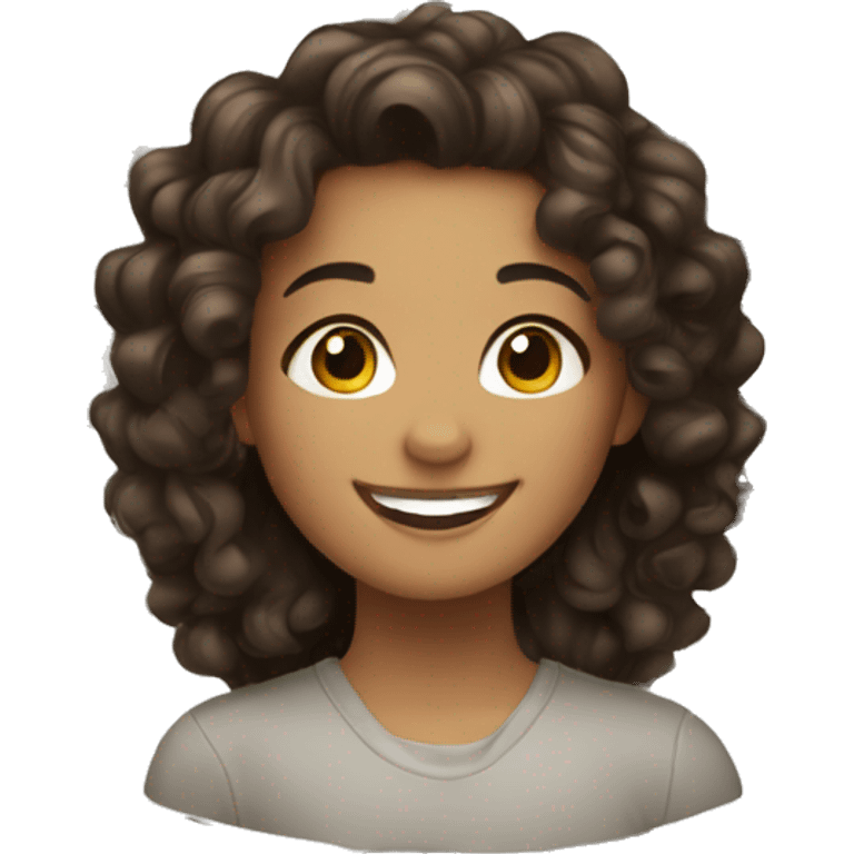 Girl with curly dark brown hair and brown eyes smiling emoji