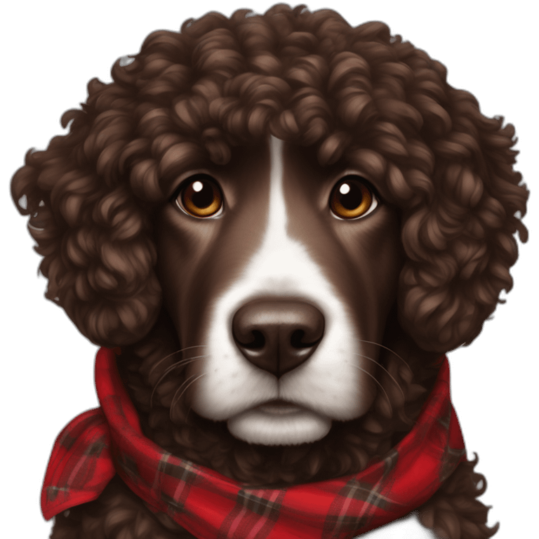 portrait Dark chocolate colored doodle with curly fur wearing a red and black flannel handkerchief emoji