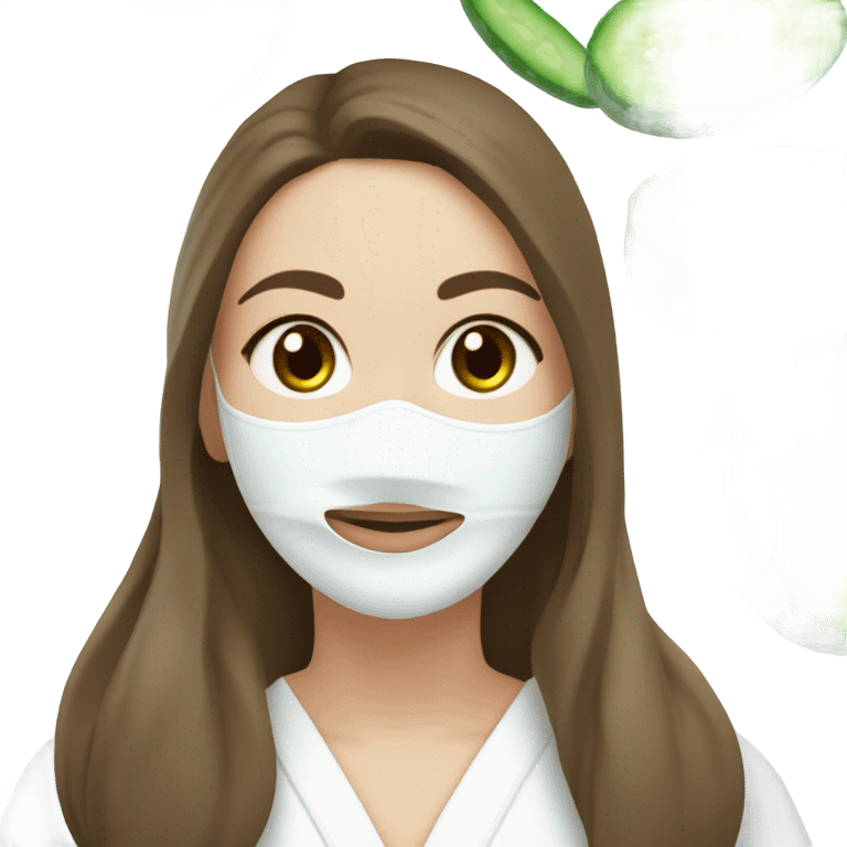 White girl with Brown hair and blue eyes wears a Green skincare textured mask and puts on cucumbers around her eyes while She relaxes in her white Robe emoji