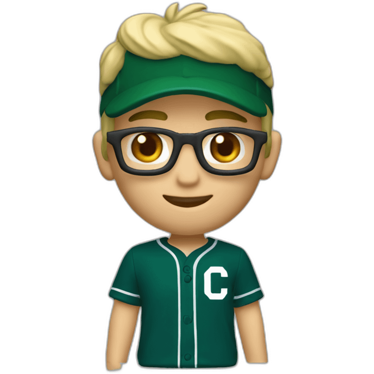 Blonde male short hair with glasses Dark green baseball uniform with hat Blue eyes and with "C" on the dark green hat. make the style slightly 3D with a diagonal angle. Crop from chest up emoji