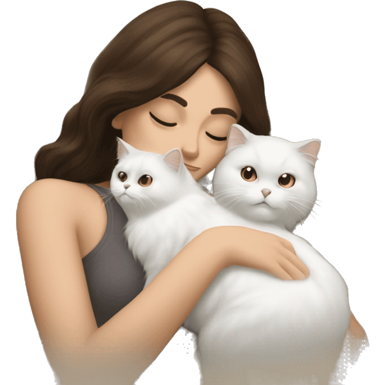 Brunette woman snuggling white Persian cat emoji